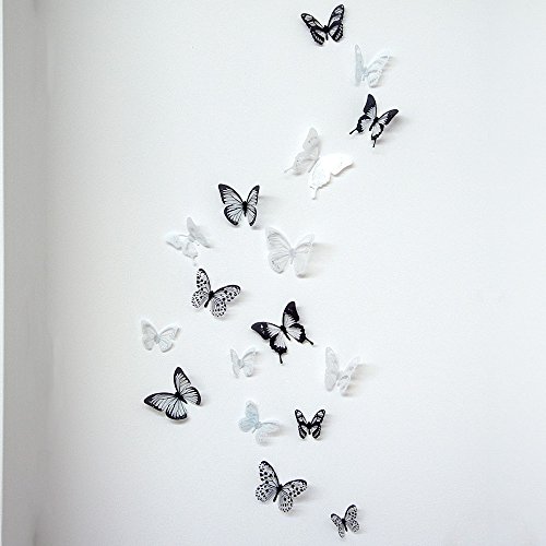 3D Schmetterlinge schwarz-weiß , Wanddeko, Wandtattoo mit Glitzer 18 Stück