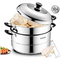 SFFSMD Cuiseur à vapeur en acier inoxydable 304 Double fond de grande capacité à deux couches Cuiseur à vapeur 32cm Double à la vapeur Pot de poisson cuisinière à induction Universel