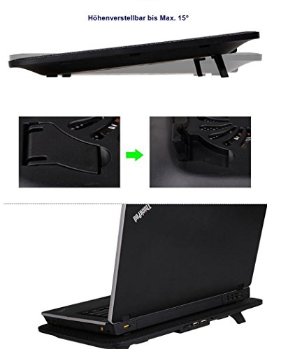 ‚Halterung Kühler zu 5 Lüfter für Laptop Notebook PC, Konsolen… Kompatibel-Gerät bis 17, Beleuchtung Blaue LED, höhenverstellbar, 2 Ports USB… - 5