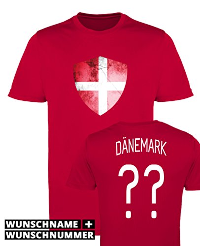 Comedy Shirts – Dänemark Trikot – Wappen: Groß – Wunsch – Jungen Trikot – Rot/Weiss Gr. 98-104