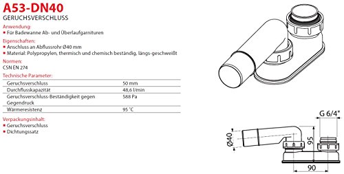 Geruchsverschluss für Ab Überlaufgarnitur DN 40 Badewanne Siphon Sifon Syfon Extra Flach Flachsiphon - 2