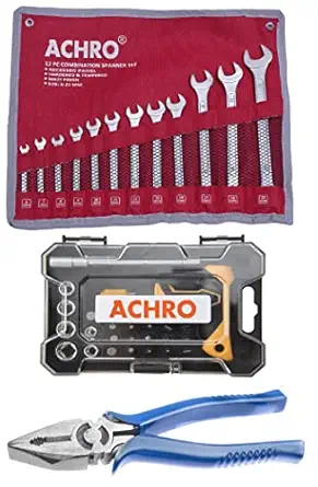 ACHRO 937 Professional Tool Kit Industrial Grade (Contains Combination Spanner Set, Plier and Screwdriver Set with Box Spanners) Tool Kit Set for Home/Garage/Industry (Multicolour, Small) -Pack of 37 Pieces