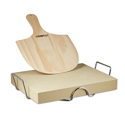 Relaxdays Pizzastein Set 5 cm Stärke mit Metallhalter und Pizzaschieber aus Holz HBT 7 x 43 x 31,5 cm rechteckiger Brotbackstein für Pizza und Flammkuchen mit Pizzaschaufel für Pizzaofen, natur - 3