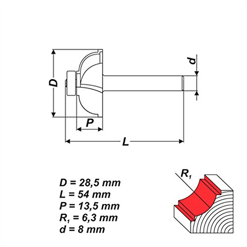 HM Profilfräser Holzfräser Fräser R1 6,3 mm D 28,5 mm Schaft 8 mm – RP-PF - 6