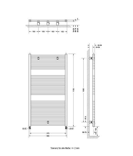Badheizkörper Seitenanschluss unten Toskana 113×60 cm Design-Heizkörper Bad weiß vom Renovierungsprofi, 1 Stück, 4056397001706 - 4