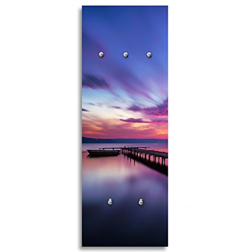 Feeby, Deco Panel Aufhänger, Kleiderhaken, Wandgarderobe, Garderobe, Wandecor Bilder mit hänger, 5 haken, STEG, BOOT, SEE, WASSER, VIOLETT