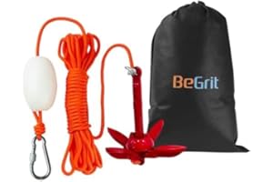 BeGrit Kit di Ancora Barca Kayak Pieghevole 0,7 kg Ancoraggio in Acciaio al Carbonio Ancorotto con Cima Grapnel Anchor per Canoe Jet Ski SUP Paddle Board con Corda da 10m e Borsa con Cordoncino