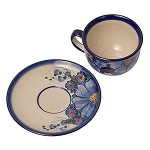 Traditional Polish Pottery, Handcrafted Ceramic Teacup and Saucer 210ml, Boleslawiec Style Pattern, F.101.Passion