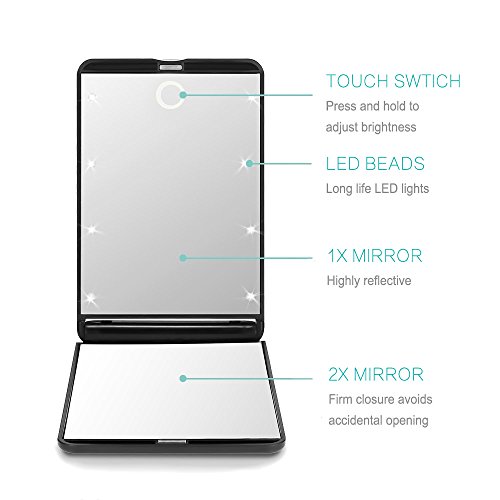 Rantizon Make up Spiegel mit LED Beleuchtung 2-fach Vergrößerung & 1X Doppelseitiger Schminkspiegel Dimmbar durch Touch-Schalter Tragbarer Taschenspiegel Faltbarer Kosmetikspiegel Reisespiegel - 4