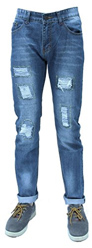 Forever Young Jeans Designer Style Light Denim Distressed Rip Regular Fit Moda Chino Trouser Abbigliamento W 34 L 36