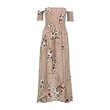 Stil: Mode, Beiläufig Elegante Kleider Damen Kleid Cocktailkleider Ronamick Frauen Sommer Boho Chiffon Schulter Strand Kleid Floral Print Langen Kleid(L, Khaki)