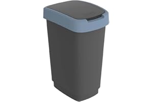 Rotho Cubo de basura de 10 l con tapa basculante y abatible, de plástico, para reciclaje, sin BPA (negro/azul oscuro)