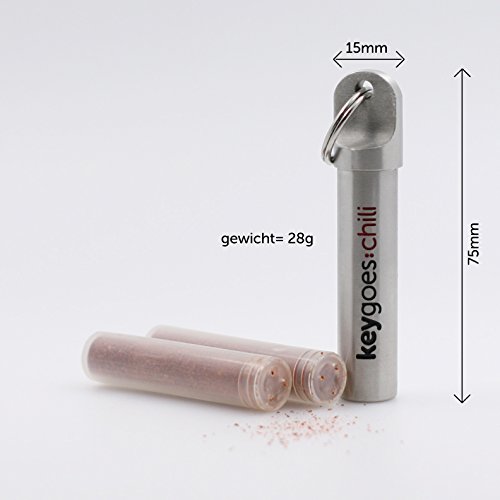 KEYGOES:CHILI Edelstahl-Schlüsselanhänger Chili-Streuer | Mit den zwei allerschärfsten Chili-Sorten: Trinidas Moruga Scorpion + Carolina Reaper Pulver | Unvergleichliches Gadget & ideales Geschenk - 2