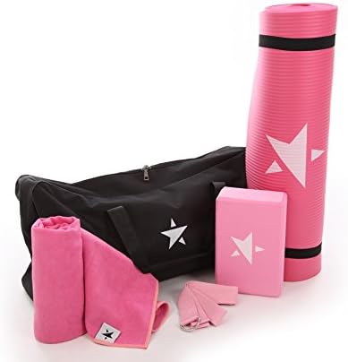 SOLENT STAR SPORTS YOGA STATER KIT - beginners premium quality set of 5 pieces including Mat, belt/ strap, block / brick, towel and yoga pilates bag Pink