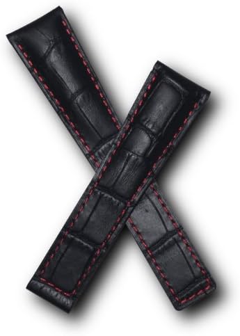 WatchstrapworldTH-MNZ-01-0531 - 20 mm Black Crocodile-Style Leather Deployment Watch Strap with red Stitching and red Lining Compatible with TAG Heuer Monza Models Listed Below