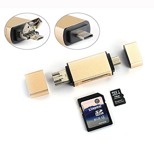 3-IN-1 Multi-funktion Micro USB OTG / USB 2.0 / Type-C OTG Adapter, Aluminium SD / Micro SD-Kartenleser mit Standard-USB und Micro-USB-Stecker und Type-C für Smartphones / Tablets mit OTG-Funktion , Apple Macbook mit Type-C / PCs und Notebooks (Golden（3-IN-1）)