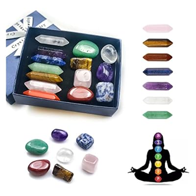 Chakra Stone Healing Crystals Set In Box, Natural Reiki Healing Crystal Points Gemstone Wand Set For Meditation Crystal Therapy Anxiety Relief Balancing Yoga Crystals And Gemstones For Beginner(14pcs)