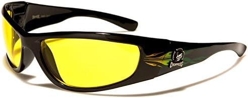 New Choppers Biker Wrap Style - Quality Frame with Flame Print - SDK SUNGLASSES - 100% UV400 UVA UVB Protection - Men Women Unisex - Stunning Stylish Aerodynamic Biker Motorcycle Driving Shades (BLACK/YELLOW-GREEN FLAMES/YELLOW MIRROR LENS)