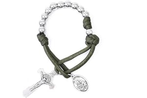 Nazareth Store Rosario militare di un decennio in paracord, perline d'argento, rosario tascabile per auto, prega per noi, medaglia di San Giuseppe e croce di San Benedetto.