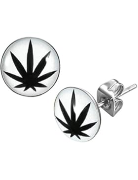 Cameleon-Shop - Ohrstecker Edelstahl - Schwarz Cannabisblatt - Weiß - 10mm