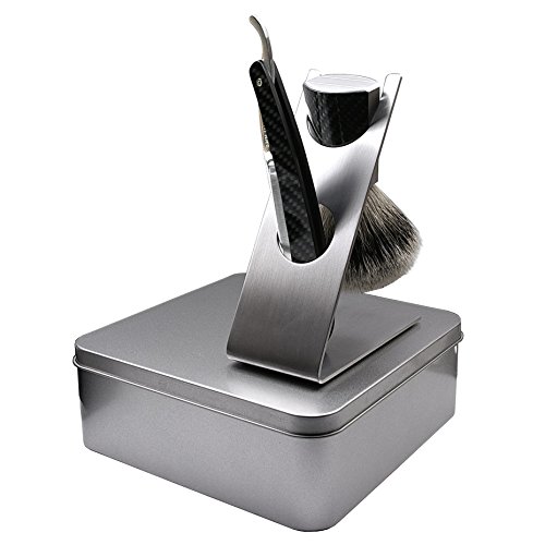 Preisvergleich Produktbild echtes Carbon Rasierset im Geschenkset mit Rasiermesser, Rasierpinsel mit Silberspitzen Dachshaar