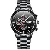 SEnjoyy Herren Armbanduhr Edelstahl Metallarmband Analoge Quarzuhr Multifunktions Wasserdicht Datum Kalender Uhr Schwarz