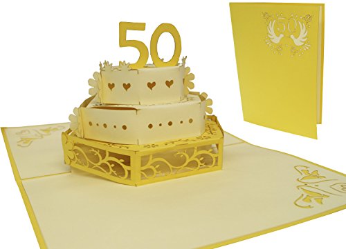 LIN-POP UP Karte Hochzeitskarten, Hochzeitseinladungen, 3D Karte Jahrestag, 3D Karten Grußkarten 50. Hochzeit, 50.Hochzeitjubiliäum Hochzeitsglückwunsch, Torte - 2