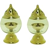 LotusFeet Spirituality Brass Medium Akhand Diya with Molded Glass(15 cm Height) - Set of 2