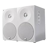 Altavoces estéreo autoamplificados con 150 W de potencia realizados en madera; un sistema de sonido innovador con un Woofer de 4" y 2 Tweeter que lo hacen óptimos para conectarlos a la TV y otros