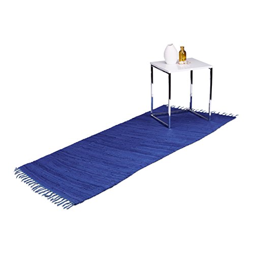 Relaxdays Flickenteppich blau 80 x 200 cm mit Fransen 100 % Baumwolle, einfarbig, Fleckerlteppich, dunkelblau - 3