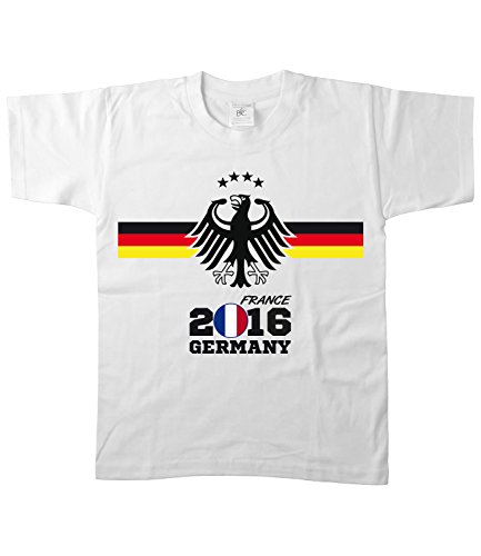 Artdiktat Kinder Deutschland Fan T-Shirt – Kids – EM 2016 Frankreich – Trikot Ersatz – inkl. Wunschname und Nummer Größe 134/146, weiß