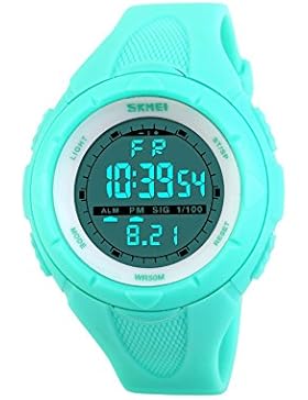 iLove EU Damen Mädchen Armbanduhr 50m Wasserdicht Silikon Band Digital LED Alarm Datum Uhr Sportuhr Stoppuhr Blau
