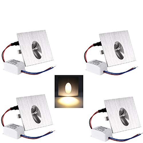 OLEEP LED Lámpara de pared Focos empotrables luz de escalera Iluminación de Pasos, Cuadrada, 8x8cm, 230V, 1W, Blanco Cálido, 4 PCS