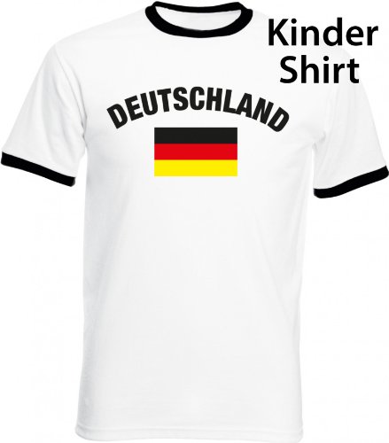 Shirtstreet24, EM/WM 6 – Deutschland mit Flagge, Fußball Kids Kinder Fan Ringer T-Shirt, Größe: 116/128,weiß/schwarz