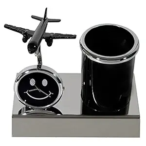 ZAHEPA Airplane Showpiece Metal Pen Stand for Office Table / Pencil Holder / Single Compartment Desk Organizers with Happy Smiley Analog Table Clock In Black Color for Home, Dashboard Decoration & Corporate Gifts