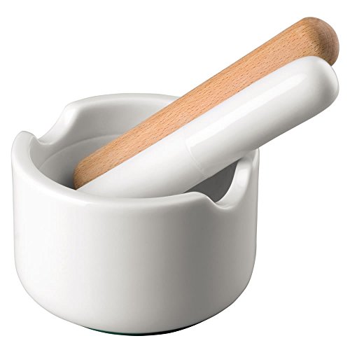 Thomas 69066-321320-05705 Porzellan-Mörser 3-teilig, Durchmesser 11 cm, Höhe 7 cm - rutschfester grüner silikonboden - enthält 1 Stößel aus Porzellan und Holz Buche