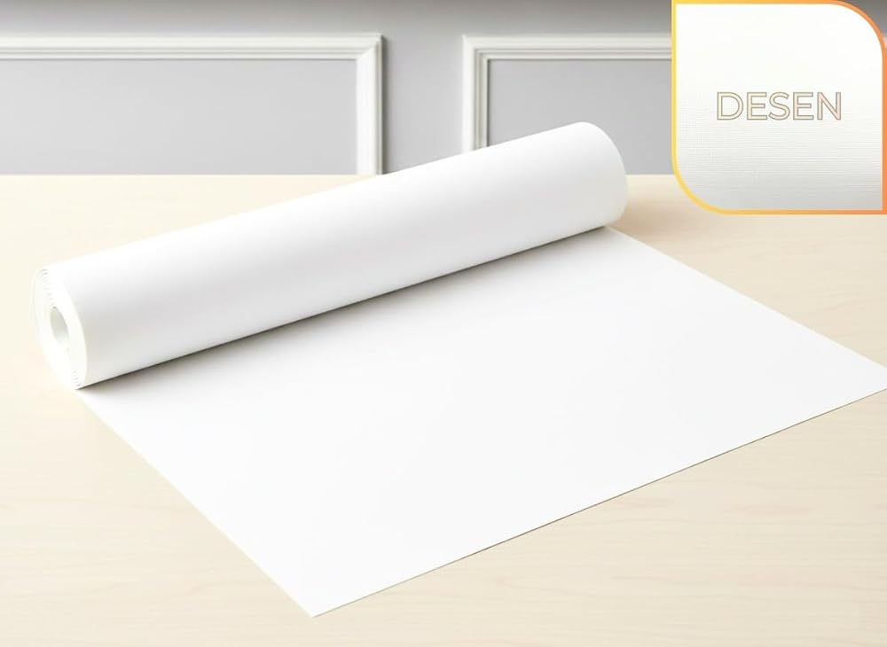 48 cm x 5 metre - BEYAZ, KUMAŞ DESENLİ SUNİ DERİ Çekmece İçi Kaydırmaz Halı, raf örtüsü