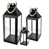 Farbe Schwarz Mojawo® 3er Set XXL Gartenlaterne Metall Windlicht Laternen Kerzenhalter Set Höhe 25/40/51cm mit Seilgriff Schwarz