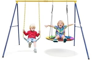 RELAX4LIFE Juego de Columpio Infantil con 2 Asientos, Marco de Metal y Cuerda Ajustable, Columpio con 4 Estacas y 4 Pies Antideslizantes para Niños 3+ Años y Adultos, Carga 300kg, 249x185x181,5cm