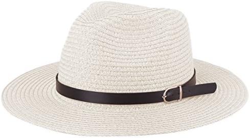 Straw Floppy Sun Hat, Unisex Beach Sun Hats UV Protection Foldable Paper Weaved Hats with PU Leather Belt (Ivory)
