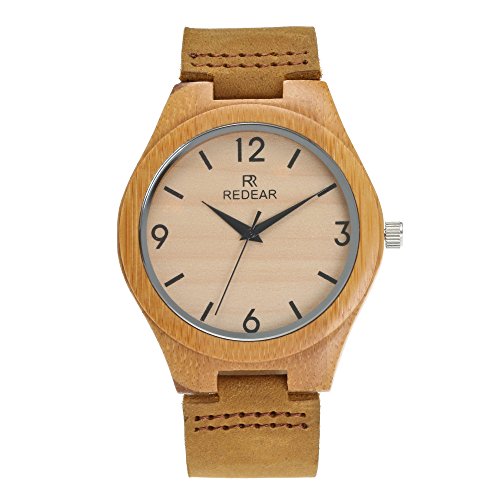 YOWAO Herren Analog Quarzwerk Bambus Holzuhr mit Lederband
