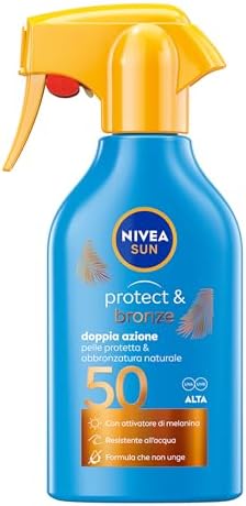 NIVEA SUN Spray Protect & Bronze SPF 50 250 ml, Crema solare 50 spray abbronzante corpo, Protezione solare 50 con attivatore di Melanina acceleratore abbronzatura, Resistente all'acqua, Non unge