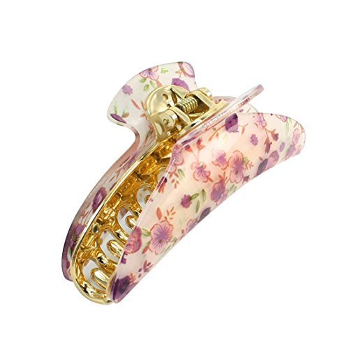 Light Purple Floral Print Crescent Shape Hair Claw Clip Beige for Lady