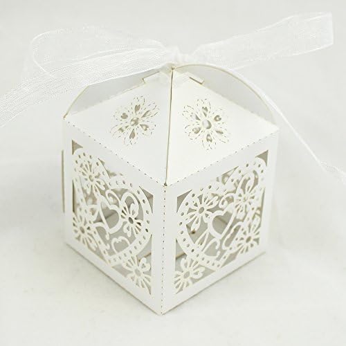 Wedding Favour Boxes White, Love Heart, Sweets, Candy, Bomboniere, Party Favours, With White Silk Ribbon. (100)