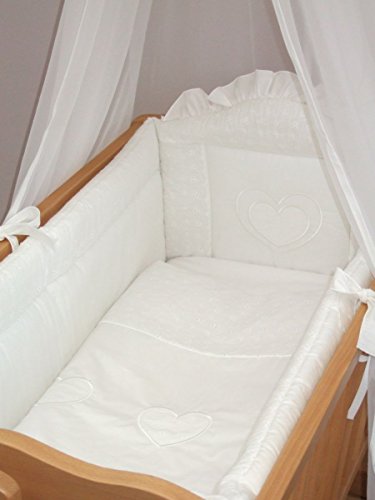 Baby All Round Crib Bumper 260cm Long Covers 4 Sides of Cradle 90x40cm Embroidery ("Heart" - White)
