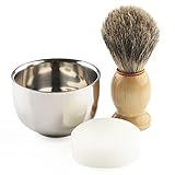 VERY100 Best Badger Hair Shaving Brush 4" Height with Double Layer Stainless Steel Shave Bowl Mug Dia 2.9" and Shaving Soap