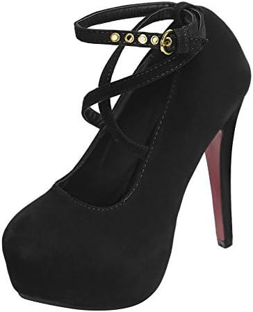 New Ladies Women Black Nude Red/Black/Blue Party Wedding Round Head Suede Concealed Platform Pumps Strappy Buckle High Stiletto Heel Office Court Shoes(UK 2.5 : Asia 35, Black)
