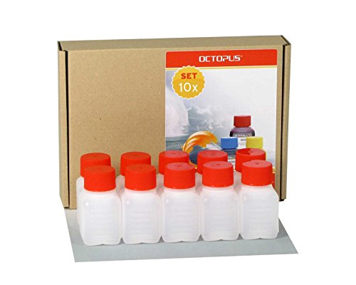 10 x 50 ml Octopus Kunststoffflaschen, HDPE Plastikflaschen mit roten Schraubverschlüssen, Leerflaschen mit roten Schraubdeckeln, Vierkantflaschen inkl. 10 Beschriftungsetiketten