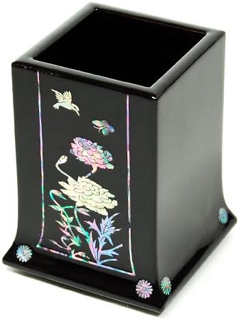 Wooden pen holder, handmade mother of pearl gift, lacquer pencil holder, Peony