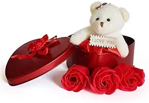 SHARANYA Enterprises Teddy Bear Toys- Love Gift for Girls Heart Shape Love Card and Red Rose Scented Soap Flower Petals with Soft Teddy Bear & i Love You Card Inside Box. (RED)